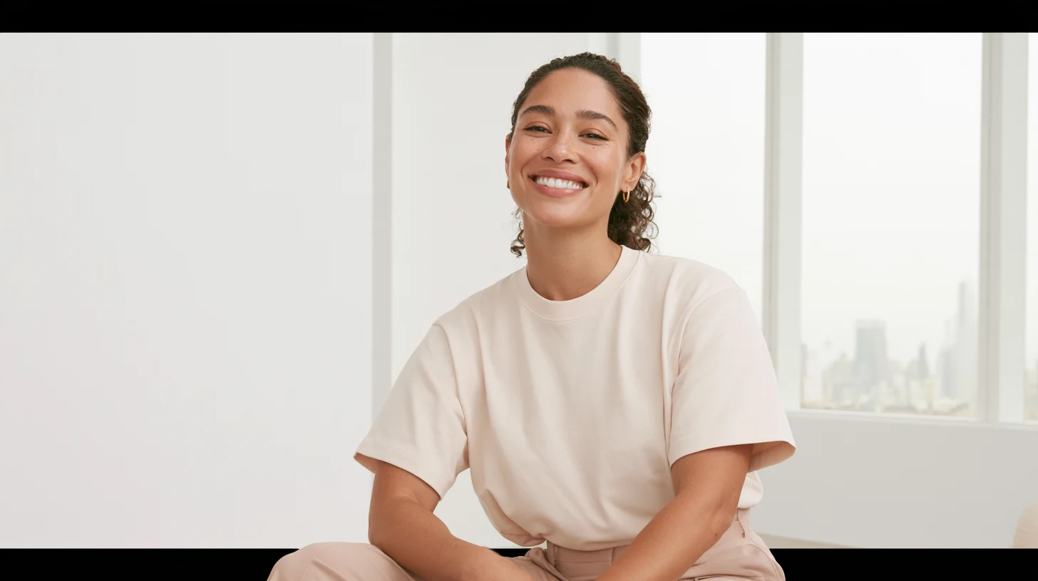 A smiling woman at home with the city behind her